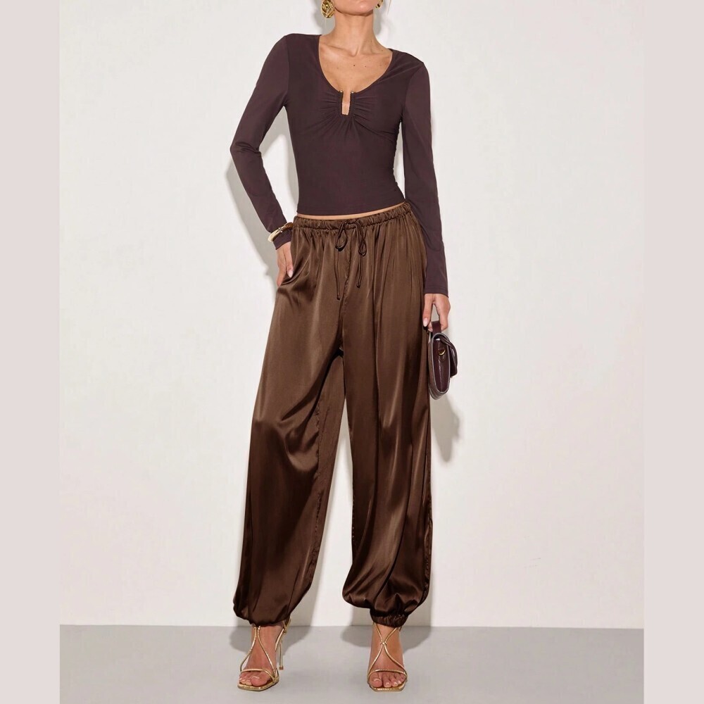 Brown Satin Harem Pants with Drawstring Waist & Cuffed Ankles